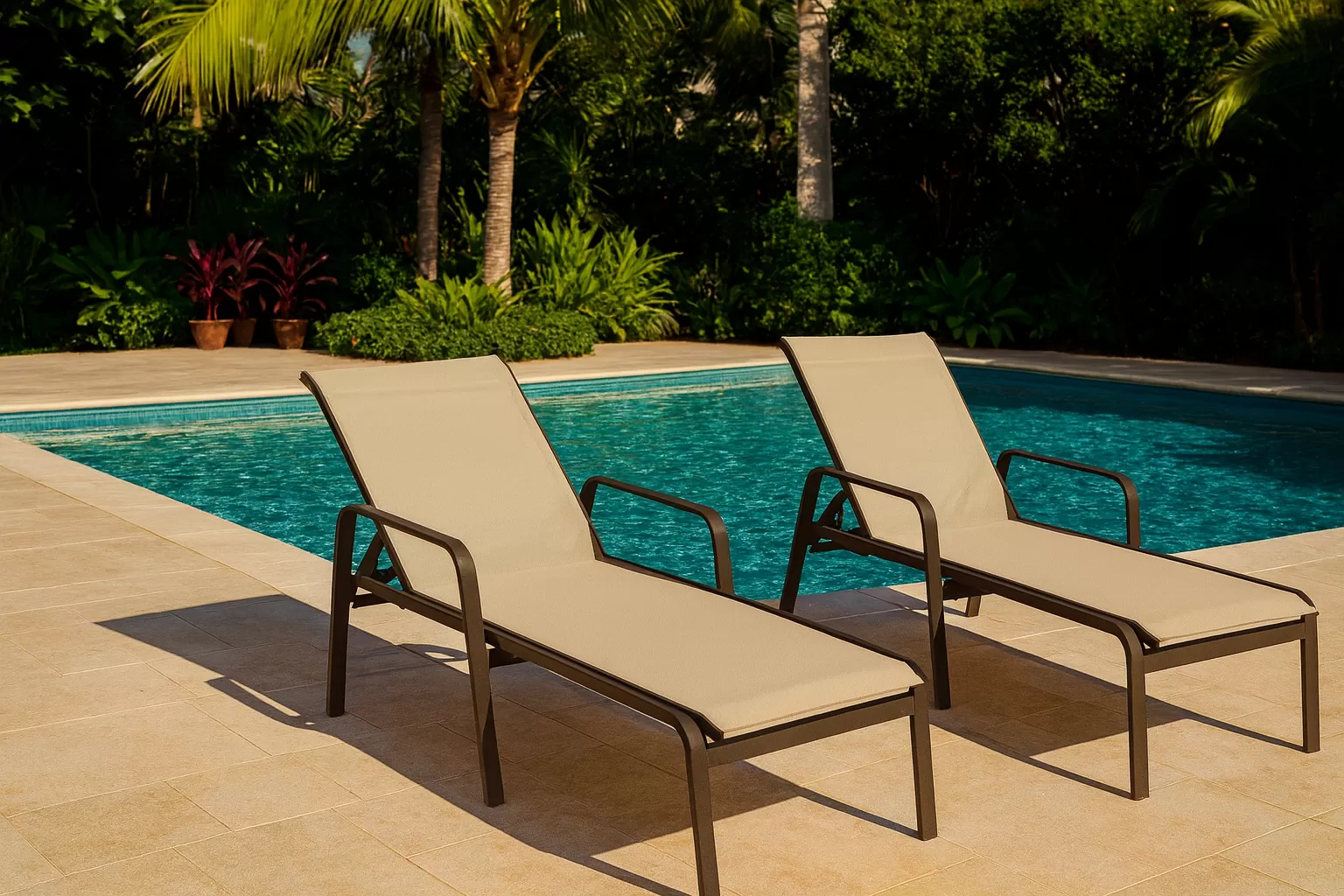 Kit com 2 Espreguiçadeiras para Piscina Summer - Alumínio Marrom, Tela Sling Bege | Empilhável