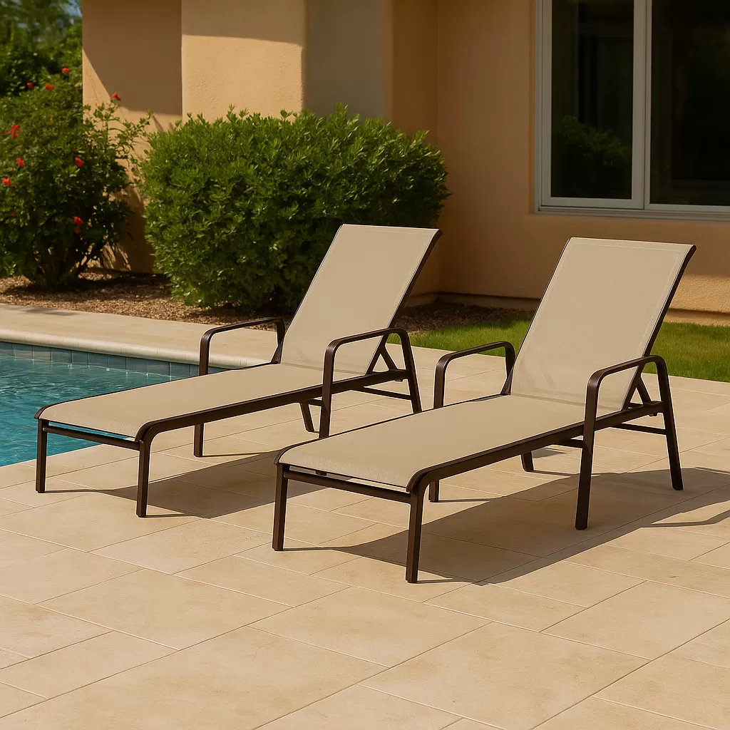 Kit com 2 Espreguiçadeiras para Piscina Summer - Alumínio Marrom, Tela Sling Bege | Empilhável