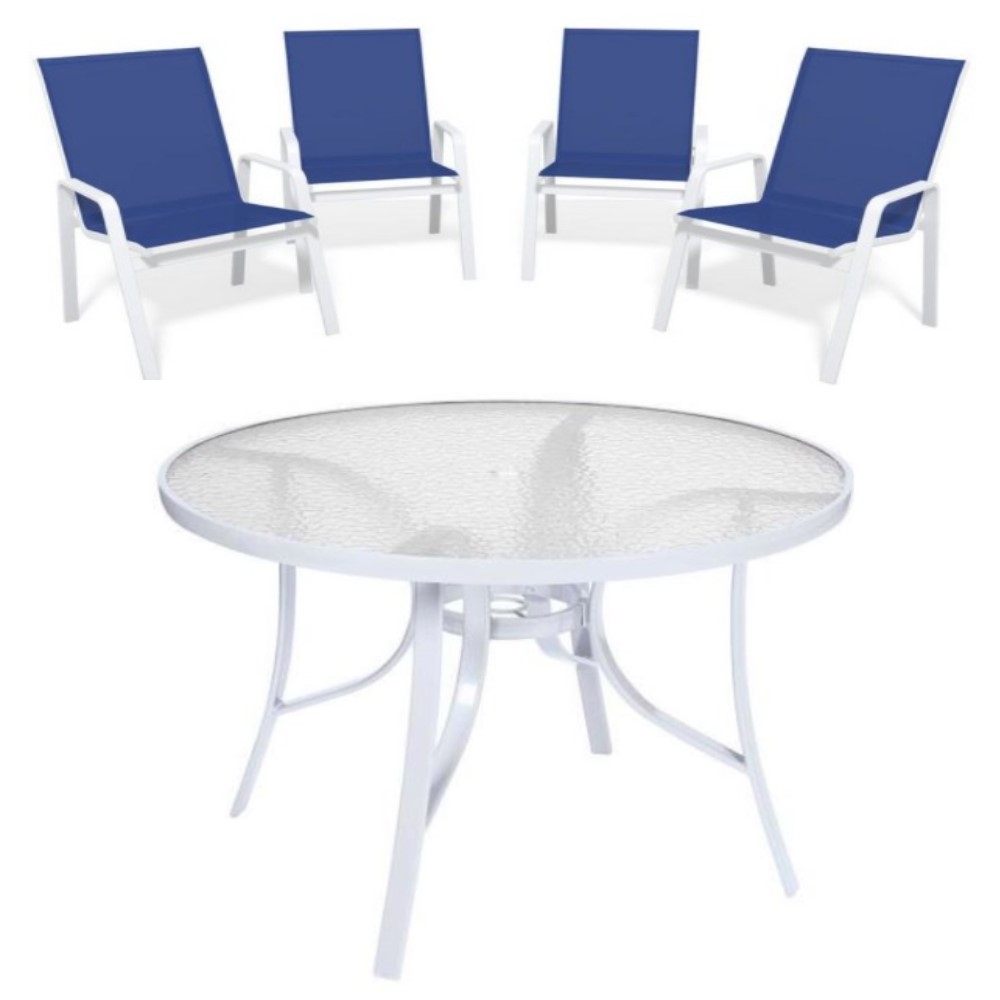 Conjunto Summer Alumínio - Mesa Redonda Branca ø 1,05m + 4 Cadeiras Tela Sling Azul Escuro - Menor Preço Do Brasil